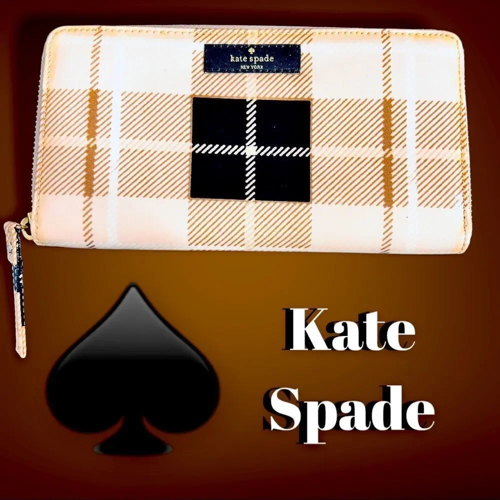 Kate Spade Women's Patent Leather Clutch Wallet Organizer Large Zip Pink Plaid